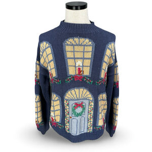 Vintage Signatures Northern Isles Sweater Womens Large Blue Christmas House Tree
